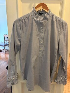 Ann Taylor Blue and White Stripe Ruffle-Neck Button Pullover Shirt